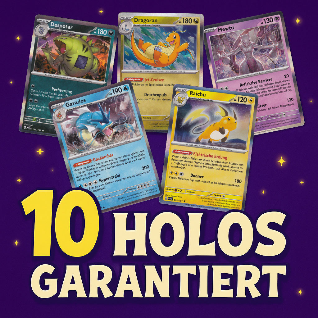 Set aus 10 glitzernden Pokémon Holo Karten, original und auf Deutsch, als Teil des 100er Karten Bundles ohne doppelte Karten.