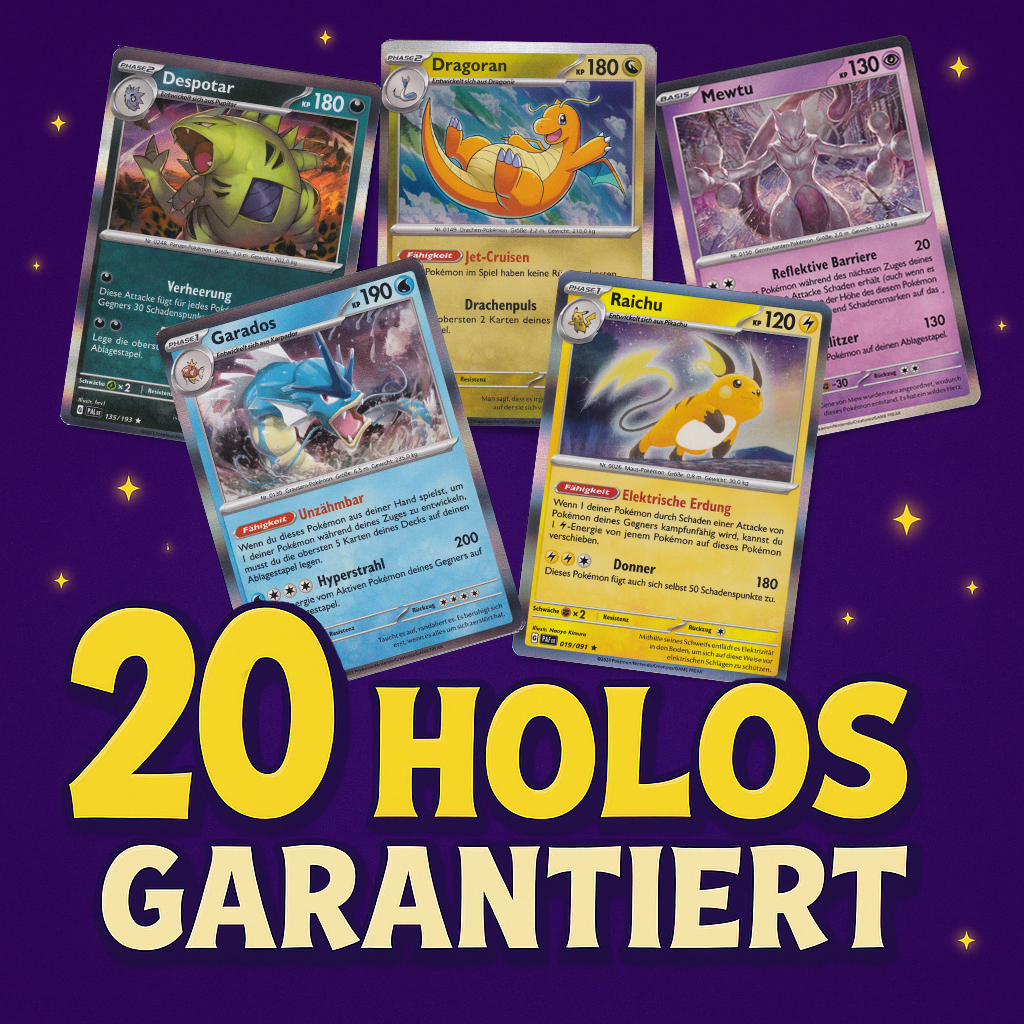 Set aus 20 glitzernden Pokémon Holo Karten, original und auf Deutsch, als Teil des 200er Karten Bundles ohne doppelte Karten.