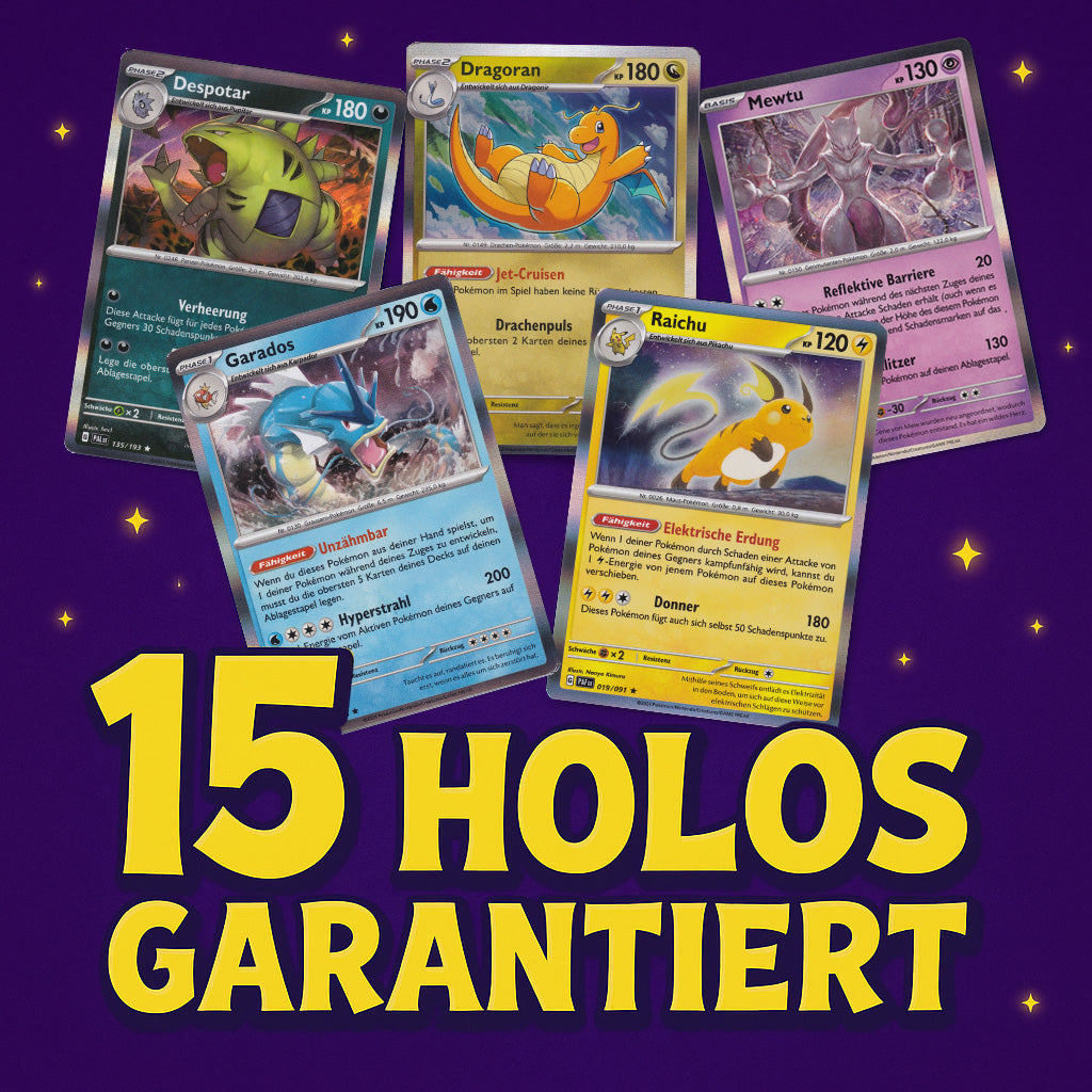 Set aus 15 glitzernden Pokémon Holo Karten, original und auf Deutsch, als Teil des 150er Karten Bundles ohne doppelte Karten.